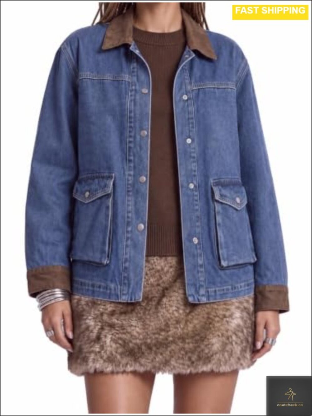 Oversized Denim Jacket Faux Leather Collar Button Front